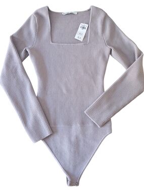 Square Neck Ribbed Long-Sleeve Bodysuit Sweater - Light Mauve